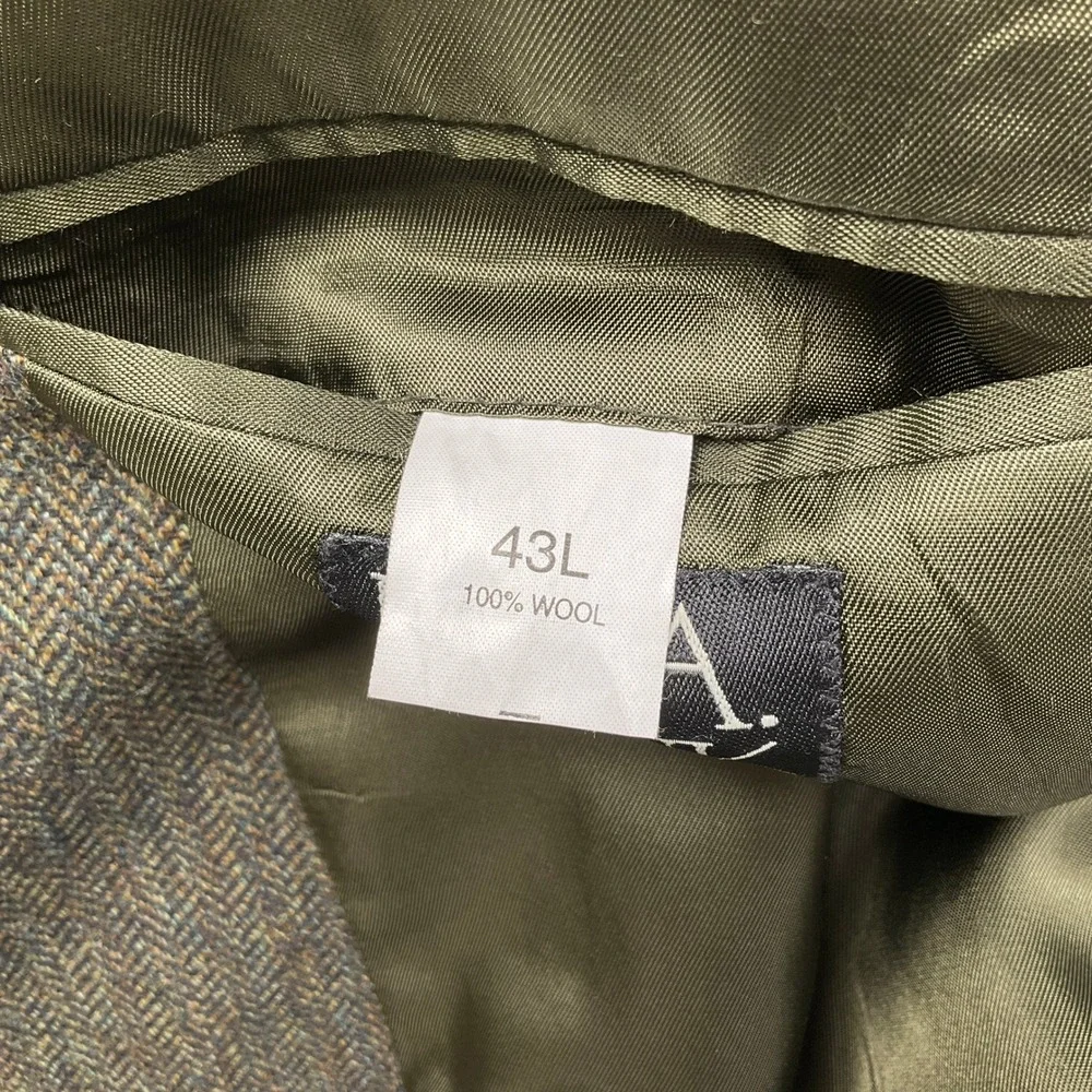Jos A Bank Blazer Mens 43L Green Gray Multi Herringbone Heritage Two Button Wool